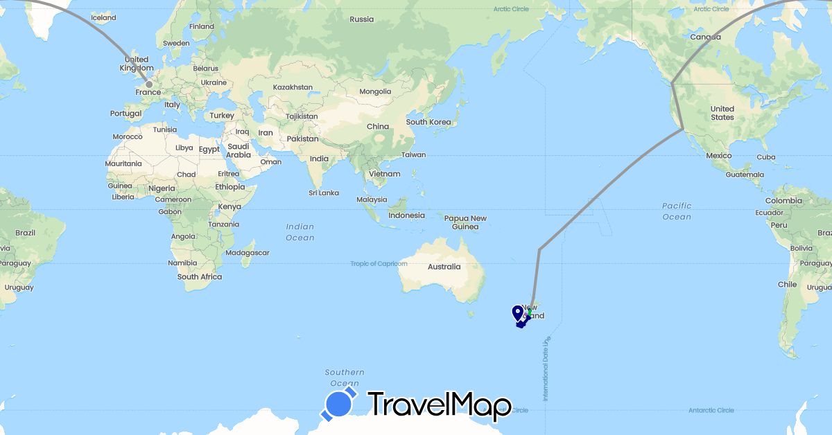 TravelMap itinerary: driving, bus, plane, train in Canada, Fiji, France, New Zealand, United States (Europe, North America, Oceania)